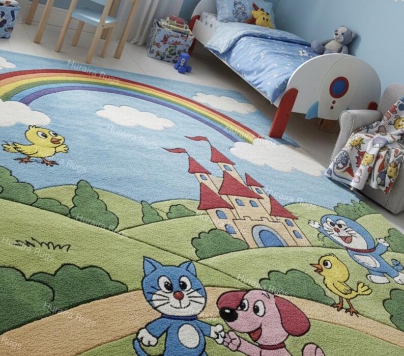 Hand Tufted Kids Cartoon Rug 8x10: Rainbow Castle Geometric Playroom ...