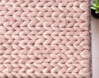 Chunky wool area rug, blush pink chunky knit rug, handwoven wool