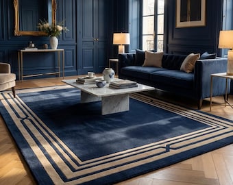 Hand Tufted Rug Navy Blue Beige Geometric Modern 8x10 Custom Size rug
