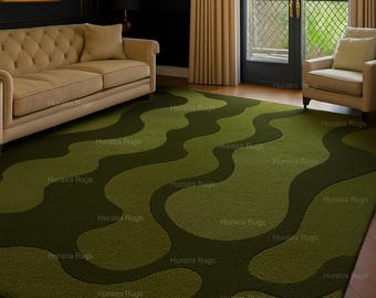 Grüner gewellter Wollteppich 230x320: Zeitgenössischer Geometrischer Wollteppich