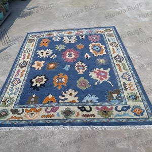 9x12 Hand Knotted Oushak Rug – Blue Turkish Area Carpet – Oriental Wool Rug for Living Room