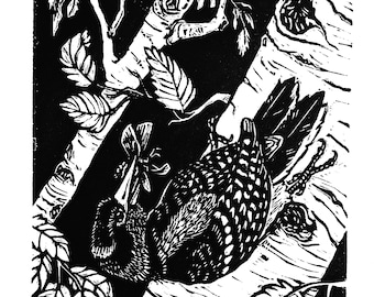 Woodpecker and Moth - 11x14" original linocut print