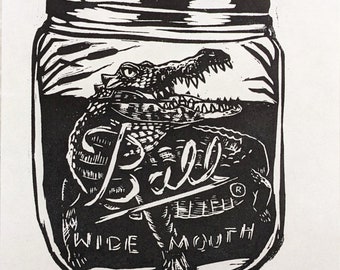 Wide Mouth - 9x12" original linocut block print | Florida Alligator