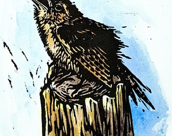 Singing Wren 5x6" | Hand colored and black and white lino block print