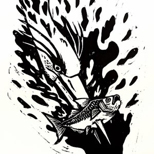 Fish for Lunch - 9x12&quot; / 11x14&quot; original linocut block print