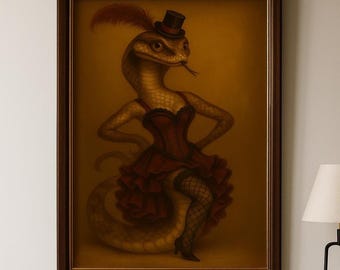 Victoriaans burlesque sexy slang vintage portret, slang draagt burleske kledingprint, dierenportret, dierenkop menselijk lichaam dier