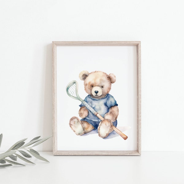 Lacrosse Teddy Bear Nursery Wall Art Sports Teddy Bear Blue Lacrosse Nursery Poster Baby Room Crib Decor Kids Wall Decor  DIGITAL DOWNLOAD