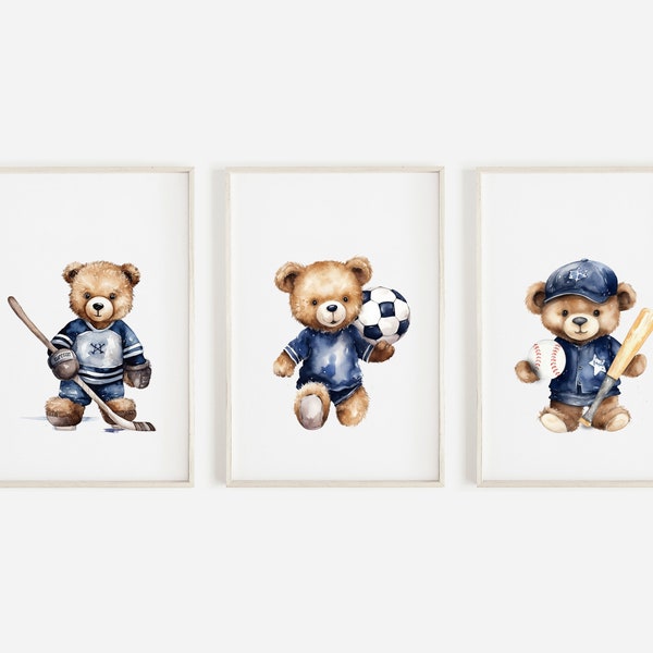 Teddy Bear's Playing Sports Nursery Wall Art, Hockey Teddy Bear, Soccer Bear, Baseball Bear Nursery Poster, Navy Blue,  DIGITAL DOWNLOAD