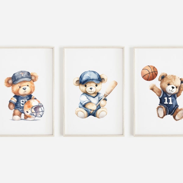 Teddy Bear Sports Nursery Poster Basketball Teddy Bear Baseball Football Bear Printable Navy Blue Set of 3 Minimalist Decor DIGITAL DOWNLOAD