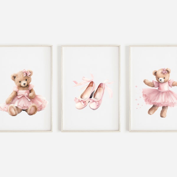 Ballet Slippers and Teddy Bear Wall Decor, Pastel Pink Nursery Printables, Teddy Bear Nursery Art, Pink Ballerina Wall Art, DIGITAL DOWNLOAD