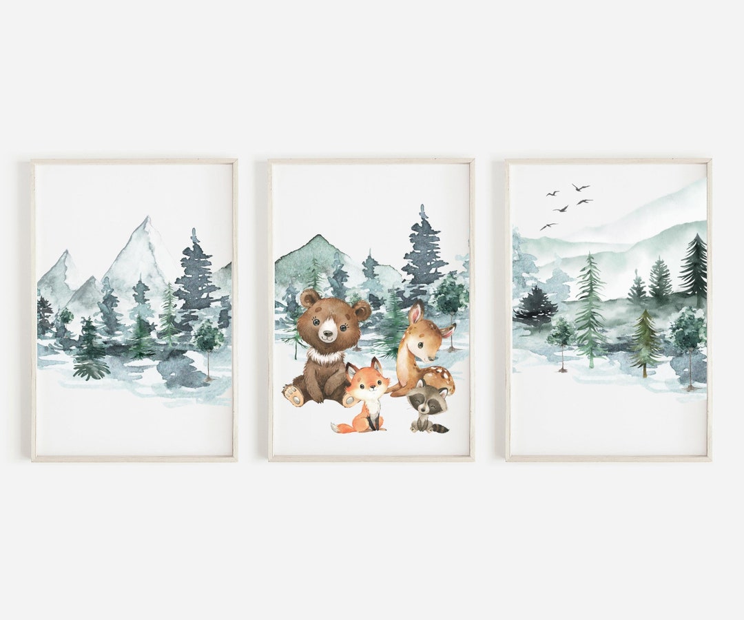 Winter Woodland Nursery Decor Winter Forest Animal Kids Room Wall Art ...
