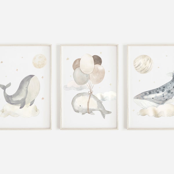 Neutral Whales in Clouds Nursery Wall Art, Space Whales, Nursery Decor, Whale Wall Art, Kids Room Wall Art, Set of 3 Print, DIGITAL DOWNLOAD