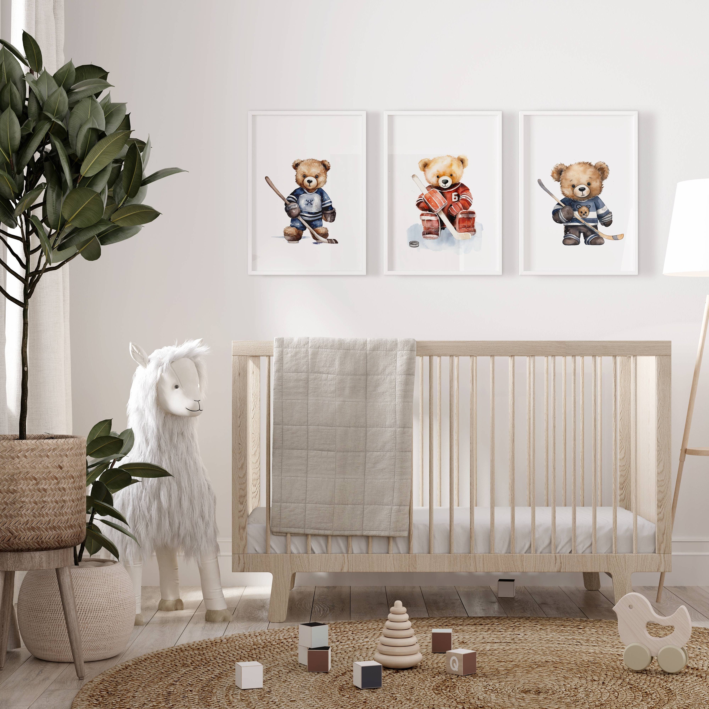 Hockey Teddy Bear Nursery Wall Art, Hockey Themed Nursery Decor, Bear