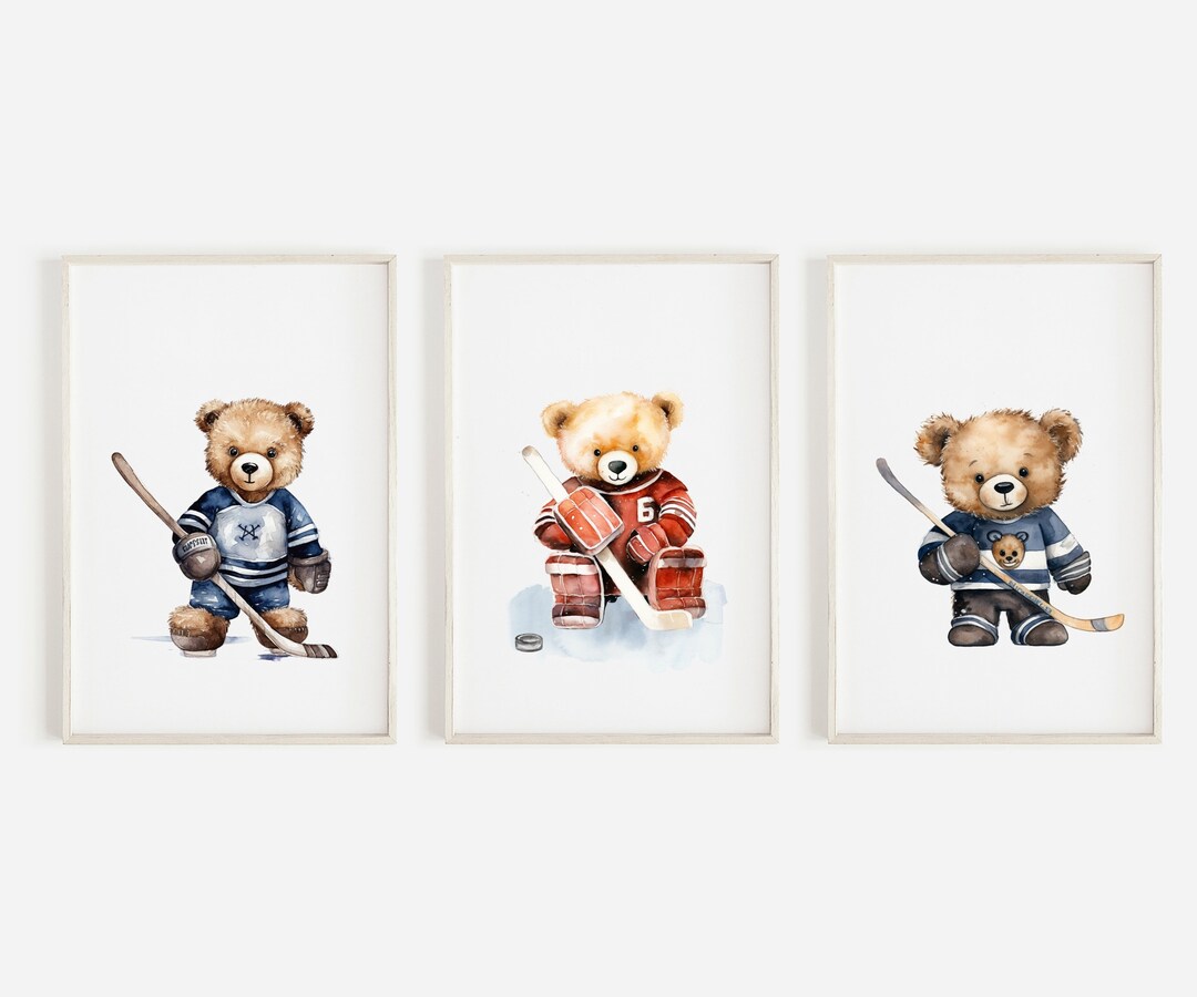 Hockey Teddy Bear Nursery Wall Art, Hockey Themed Nursery Decor, Bear