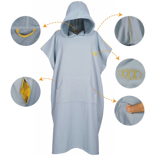 Grey Poncho Bathing Gown, Handy Hidden and Front Pocket, Practical Hooded Bath Robe, Soft Terry Towel Fabric, Cozy Gym Gown, Fast Dry Towels