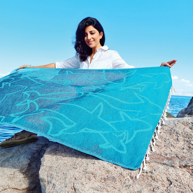 Vivid Color Ocean Blue Beach Towel With Shark Pattern Fast Etsy