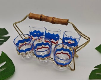6x shot glasses in holder String Era Mid Century gold-colored shot glasses 50s 60s stamper brass carrier wire liqueur glass party rockabilly