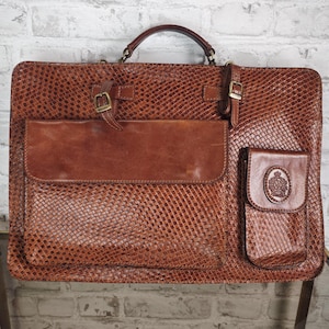 LCF Firenze porte-documents vintage en cuir aspect reptile motif crocodile années 70 80 Italie sac d'affaires porte-documents sac d'architecte marron 47 cm