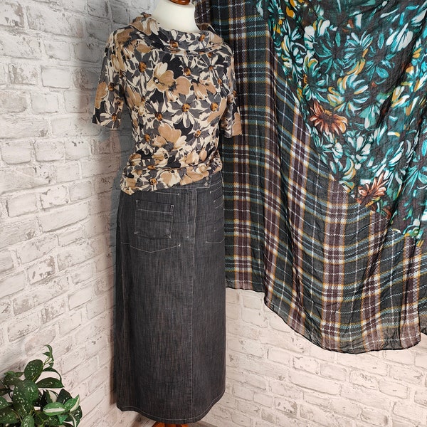 3-teiliges Outfit Set Herbst Midi Jeans Rock Kurzarm Rollkragenpullover natur Erdfarben Blumen Mustermix Tuch diagonal Tartan Style Bundle