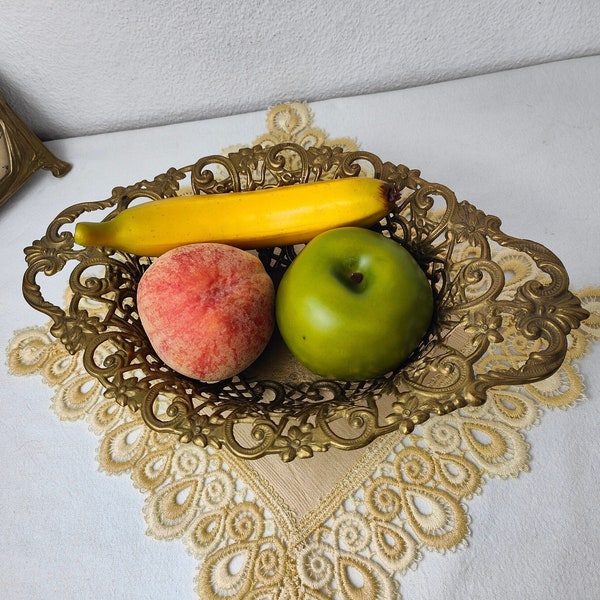 Obstkorb Metall massiv Vintage Hollywood Regency Obstschale Korb Messing Barock Konfekt Schale oval gold Anbietschale Schlüsselablage Blumen