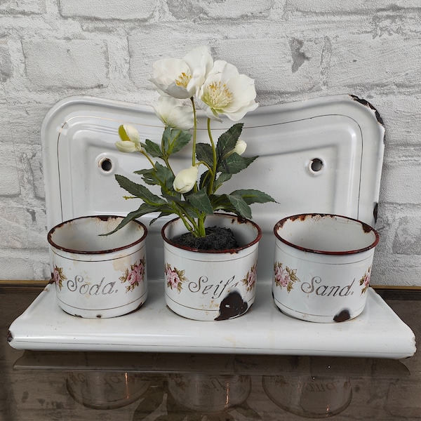 Soda soap sand container with wall board enamel white German roses kitchen set laundry set washboard country house kitchen storage containers planters