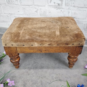 Wooden leather stool vintage turned footstool shabby chic antique country house rustic side furniture plant stool footstool