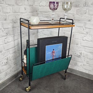 Serveerwagen Mid Century barwagen jaren 60 zwart groen String Era met flessenhouder tijdschriftenvak trolley bijzettafel vintage