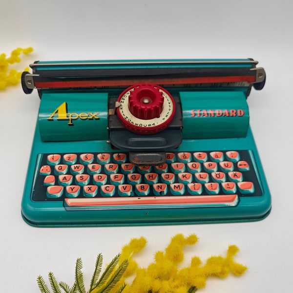 Apex Standard Typewriter Tin Toy West Germany 1950s Turquoise Children's Toy Children's Typewriter vintage midcentury