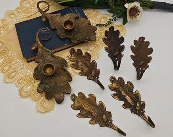 5x Kleiderhaken & 2x Kerzenhalter Set Eichenblatt Garderobe Eichenlaub Messing traditionell rustikal kaiserlich Herbst Dekoration Wald Magie