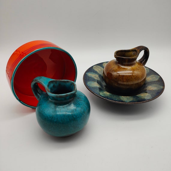 4x Fat Lava Decoration Set Vintage Jug Bowl Plate Orange Blue 
