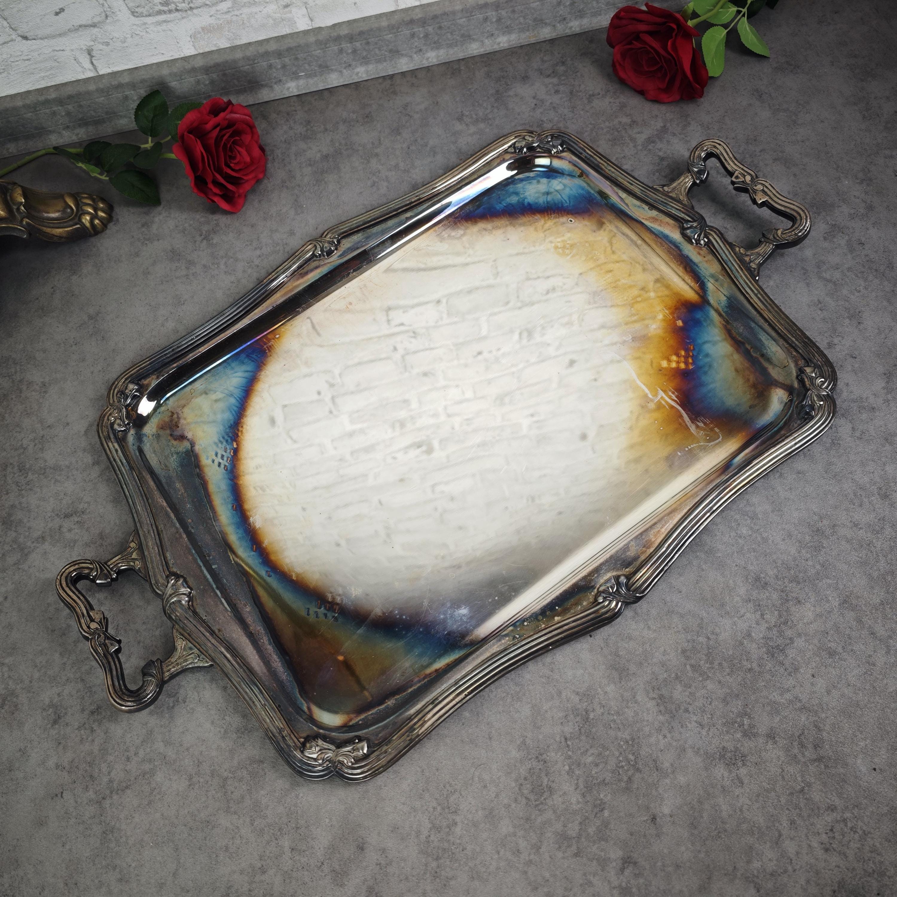 Large silver-plated tray Fracalanza Brazil 64cm Art Nouveau Baroque patina serving tray Shabby Chic decoration silver plate