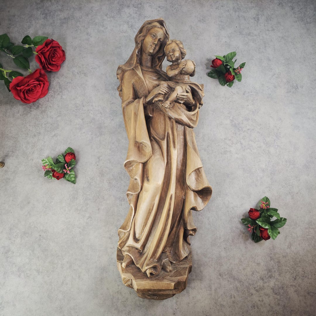 Hand Carved Virgin Mary With Baby Jesus Made of Wood Christian Madonna ...