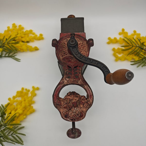 Ceres mill medicinal plants pharmacy Art Nouveau Asclepius staff cast iron grater manual kitchen grater red antique hand crank grater herb mill