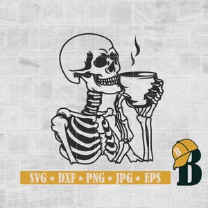 May include: Black and white illustration of a skeleton holding a steaming cup of coffee. The skeleton is smiling and has a relaxed expression. The image is perfect for a coffee lover or anyone who enjoys a bit of dark humor.