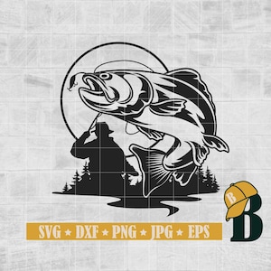 Fisherman catching fish SVG PNG, Bass Fish Svg, Fishing Svg, Bass Fishing Png, Fish Svg, Fish Hook Svg, Instant Download, Png Dxf Jpg Eps