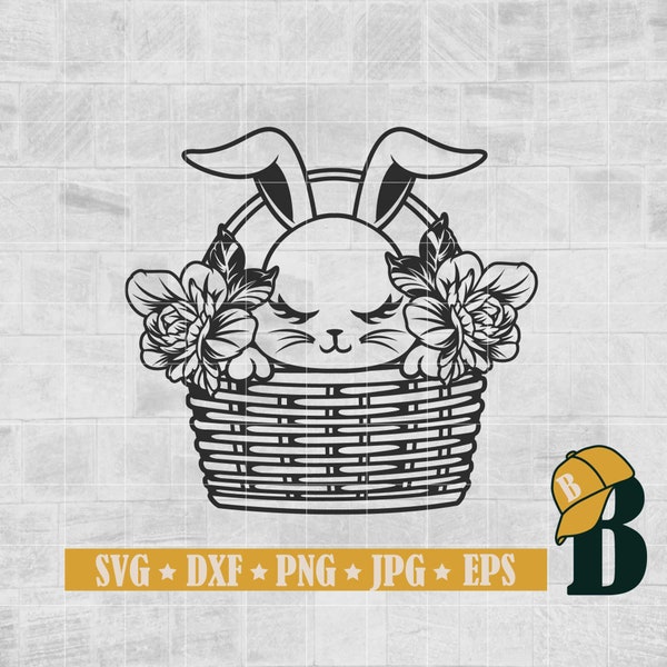 Spring Summer Rabbit in the Baske Svg Png, Rabbit Svg, Flower Bunny Svg, Easter Bunny with Flowers Svg, Instant Download, Png Dxf Jpg Eps