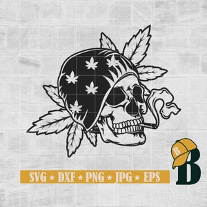 May include: Black and white illustration of a skull wearing a bandana with a marijuana leaf pattern. The skull is smoking a cigarette and has a marijuana leaf behind it.