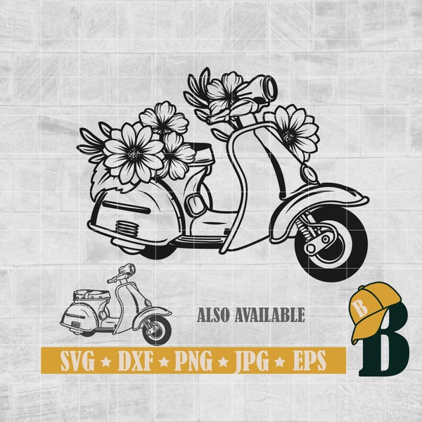 Scooter Svg, Italian scooter Svg, Floral moped Svg, Flower motor bike Svg, Wedding scooter Svg, Cricut & Silhouette, Vector Png Dxf Jpg Eps