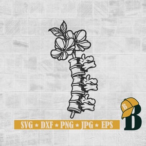 花柄の背骨 SVG、背骨 SVG、ゴシック T シャツ ビニール ステンシル タトゥー、スケルトン SVG、花柄の背骨 SVG、クリカット & シルエット、Png Dxf Eps