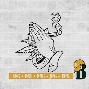 May include: Black and white line art illustration of a hand holding a lit joint with a marijuana leaf behind it. The text "SVG * DXF * PNG * JPG * EPS" is at the bottom of the image.