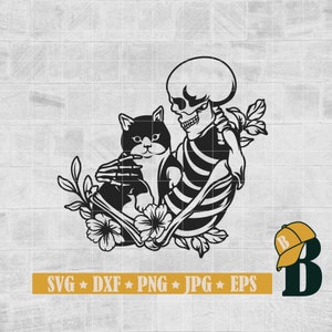 Skeleton with Cat Svg Png, Skull and Black Cat Svg, Halloween black cat Svg, Spooky season Svg, halloween cat Svg, Spooky cat skeleton Svg