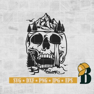 May include: Black and white illustration of a skull with a mountain range and trees growing out of the top of the skull. A waterfall flows from the eye socket of the skull.