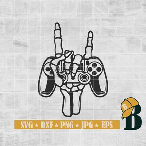 May include: Black and white illustration of a skeleton hand giving the rock and roll hand gesture while holding a video game controller. The text "SVG * DXF * PNG * JPG * EPS" is below the image. A black and yellow baseball cap with the letter "B" on it is in the lower right corner of the image.