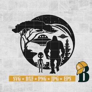 Bigfoot y alienígena bajo la luna Svg, Bigfoot Svg, Alien Svg, Yeti Svg, UFO Svg, Cricut & Silhouette, Imprimible, Vector Clipart Png Dxf Eps