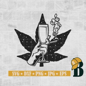 May include: Black and white illustration of a hand holding a glass of wine with smoke rising from a joint. The hand is surrounded by a marijuana leaf with a starry background.