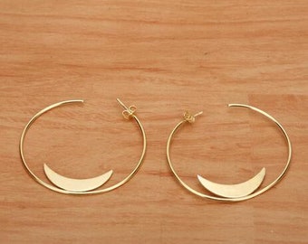 Moon hoop earrings, Handmade brass earrings, Hoop earrings gold, Solid brass earrings, Golden hoop earrings, Modern hoop earrings