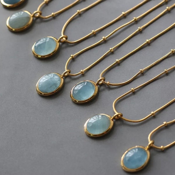 Auqua marine necklace, Natural Stone Necklace, Gold aquamarine necklace, 18k gold plaited necklace, Aquamarine pendant, aquamarine necklace