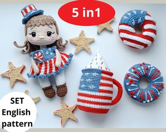 Independence Day Crochet amigurumi pattern Set 5 in 1 Doll Mugs Donut Candy Cookie for 4th of July USA  PDF ENGLISH pattern decor