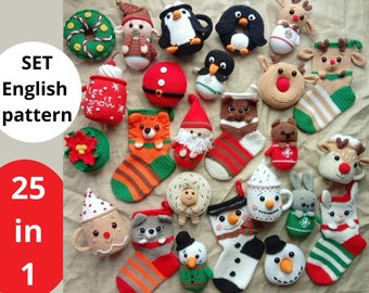 Christmas Crochet Amigurumi pattern Set 25 in 1 Stocking Mittens Donut Mugs PDF English pattern Christmas gift decor Christmas amigurumi toy