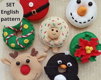 Christmas crochet amigurumi pattern Donut Set 7 in 1 Reindeer Snowman Gingerbread Penguin Wreath Santa Claus Christmas Star PDF English